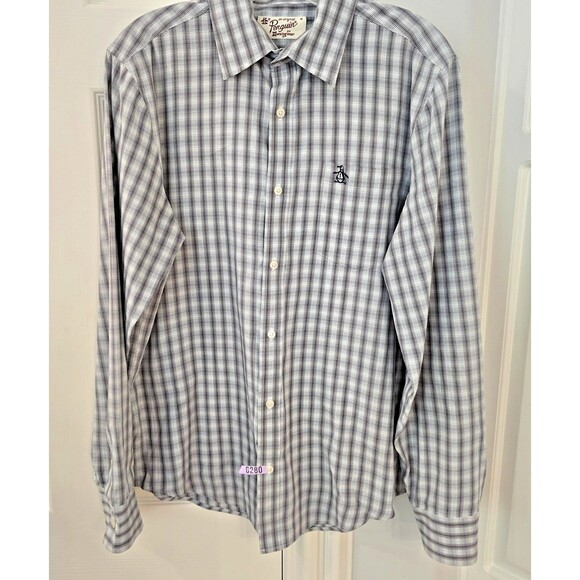 Original Penguin Shirt Mens Medium Gray Plaid Heritage Slim Fit Button Down - Picture 1 of 9